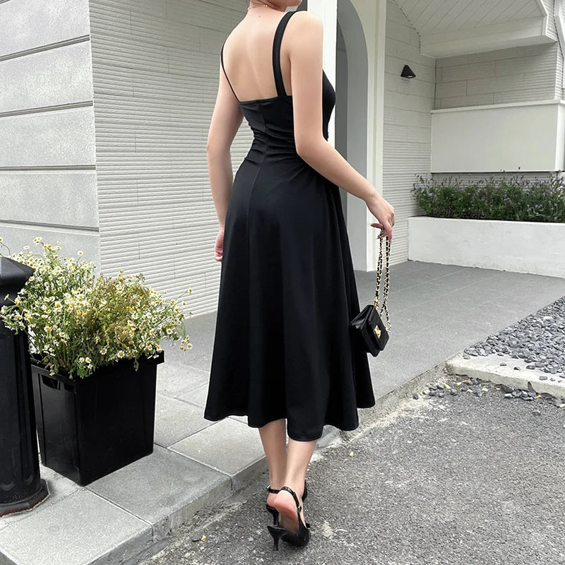 warmmeta-Summer Elegant Casual A-Line Satin Midi Dress Women Sleeveless Vintage Party Birthday Vestidos Female Chic Solid Robe JY23115GN