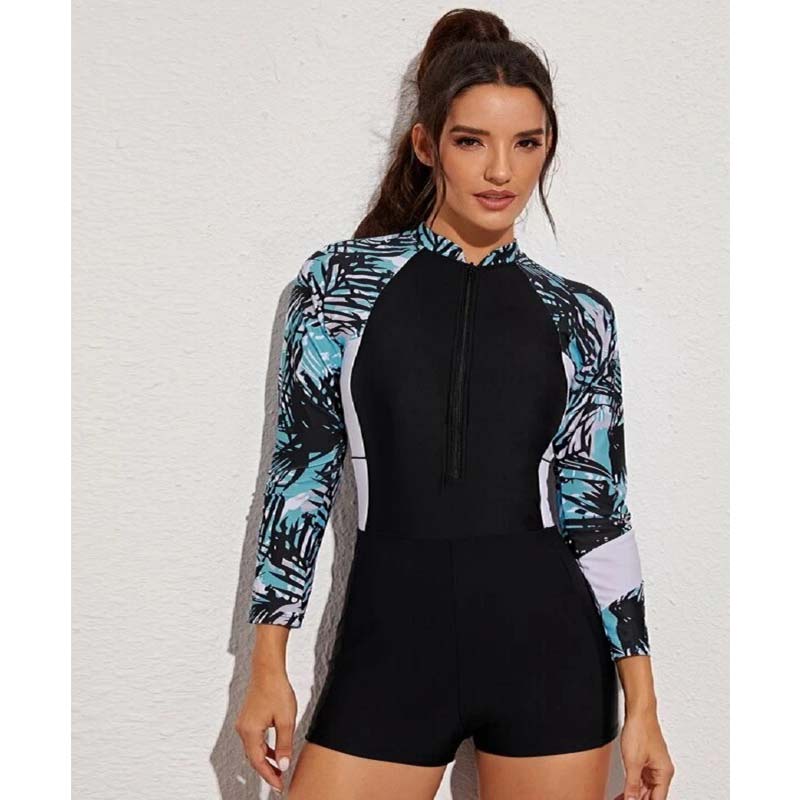 One Piece Long Sleeves Swimsuit Women Female Zipper Surf Bodysuit Floral Swimwear Girl Sun Protection Bathing Swimming Suit