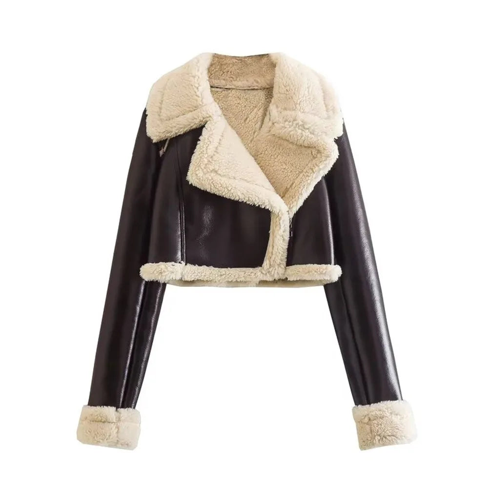 Women's Cropped Leather Jacket Coat Black Wool Blends Coats Bomber Tweed Jacket Autumn Winter Leather and Fur Crop Jacket