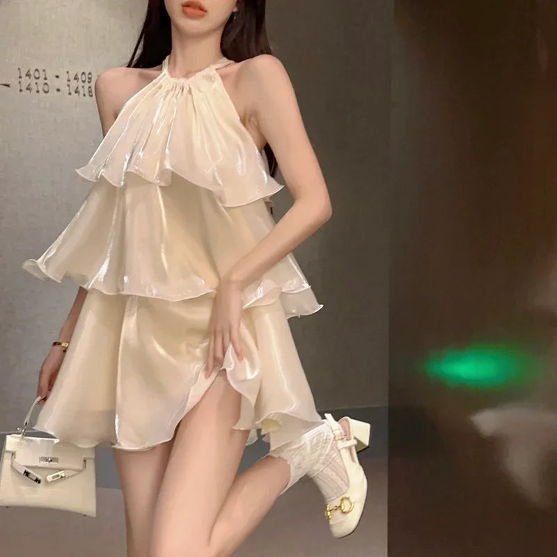 WARMMETA Woman Dress Elegant Sweet Sleeveless Ruffles Mesh Loose Summer New Cake Mini Dresses Solid Sexy Female Casual Fairy