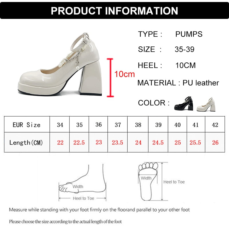 Vintage High Heels Mary Jane Shoes for Women 2023 Patent Leather Platform Pumps Woman Pearls Chain Thick-Heeled Shoes Female