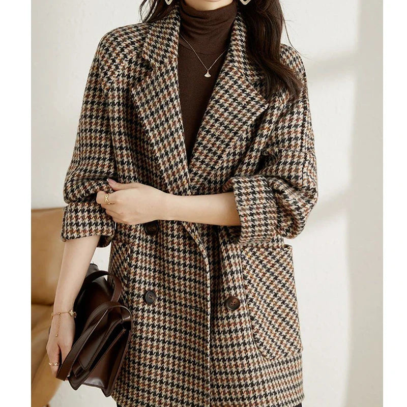 warmmeta  2 New Vintage Houndstooth Women Woolen Blazer Double Breasted Plaid Female Suit Jacket Fashion Korean Outerwear Loose Blaser Coat