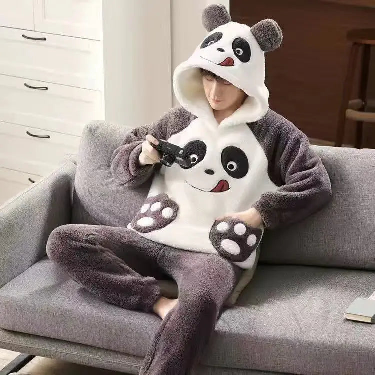 Autumn Winter Homewear Coral Fleece Men Pajamas Thick Fur Flannel Cartoon Male Loungewear Sets Plus-size Loungewear Suit Pyjamas