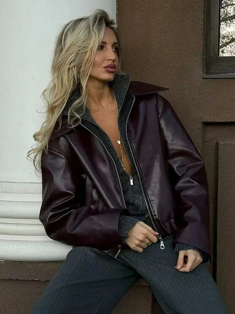 PICSGIRL -  2024 Spring Faux Leather Cropped Jackets Fashion Solid Lapel Long Sleeves Coats Pockets Zipper Female Casual Jackets