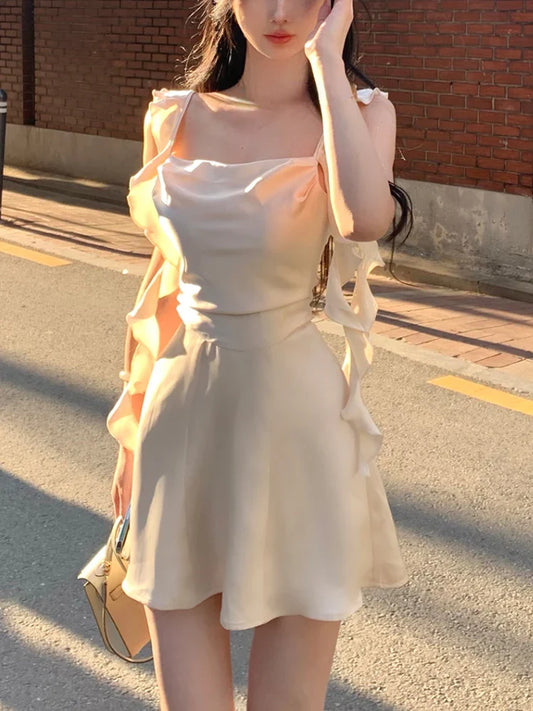 Elegant Sleeveless Satin Mini Dress Women  Summer Korean Short Design Spaghetti Strap Vintage Fairy Sweet Female Clothing