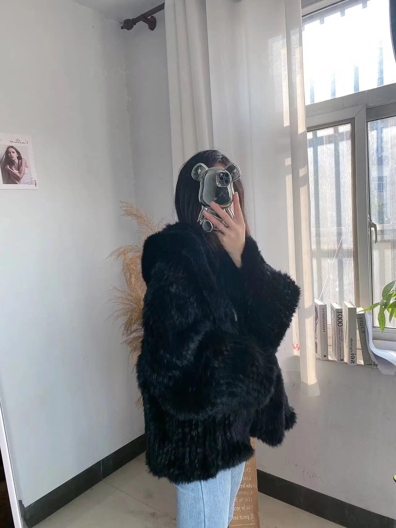 Autumn Winter Women Real Rabbit Fur Coat 100% Natural Fur Jacket Loose Manual Weave Quality Streetwear Hooded Flare Sleeves New