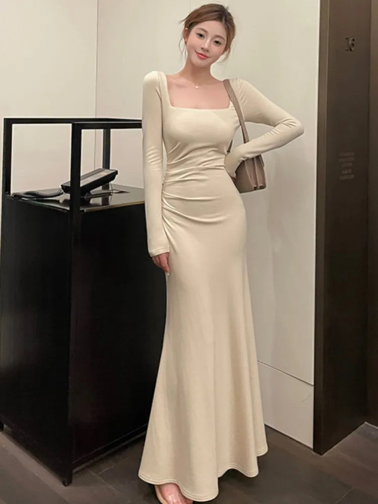 Elegant Slim Waist Women Mermaid Dress French Square Neck Lady Party Solid Midi Dresses Vintage Long Sleeve Female Clothes