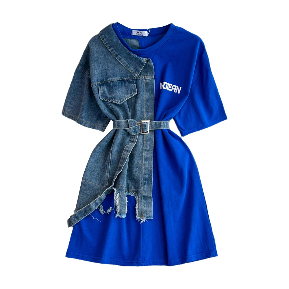 Vintage Patchwork Denim Shirt Dress With Belt Fashion O-Neck Spring/Summer  New Women's Casual Mid-Length Letter Top Tee