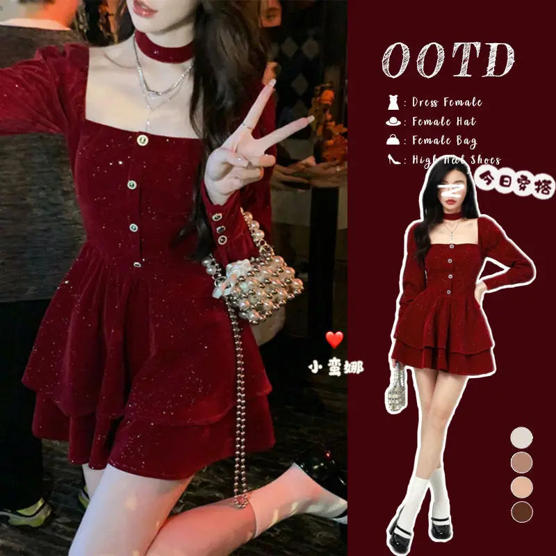 WARMMETA Hot Girl Red Velvet Dress Women's Autumn/Winter Christmas Square Collar Long-sleeved Slim Fit A-line Dress Female Clothes