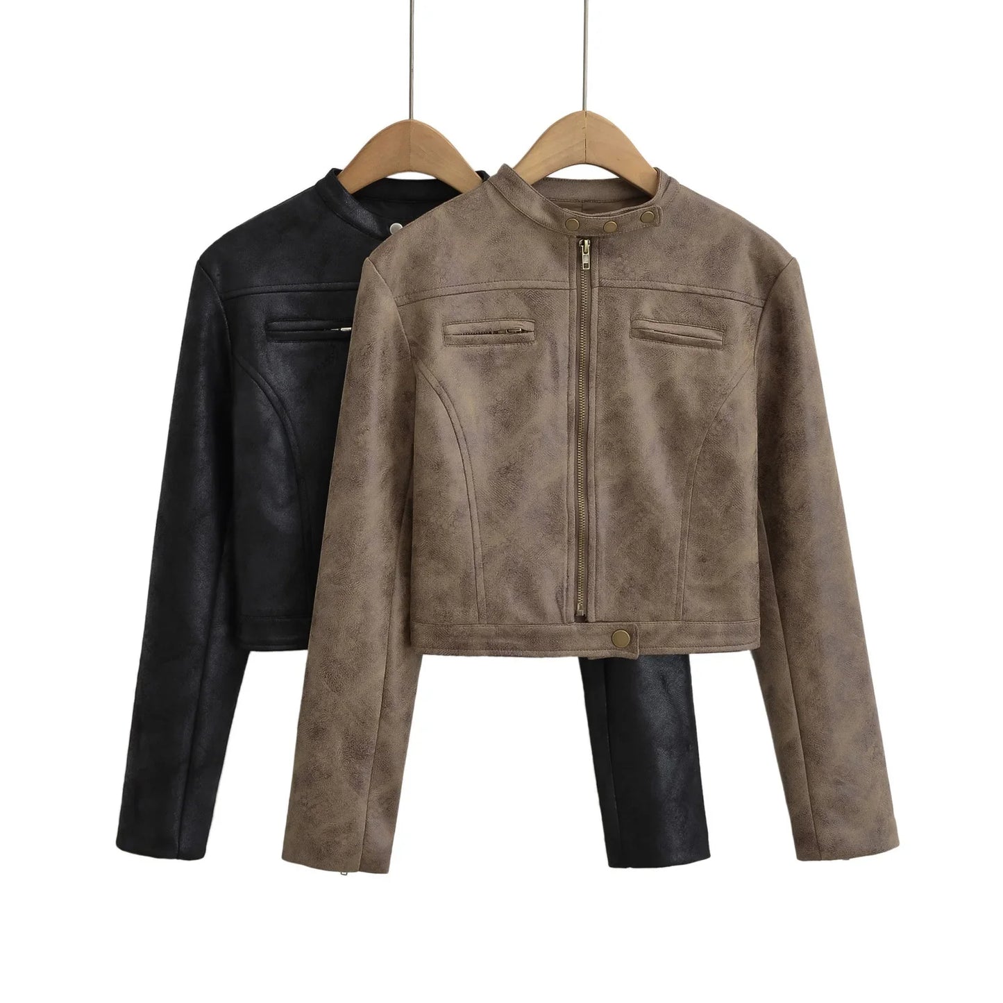 Picsgirl -  Women Elsa Hosk Look BELLA MOTO JACKET CHOCOLATE  Zip & Button Pockets Coat Suede