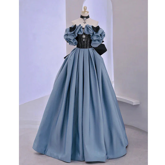 warmmeta Blue Satin High-End Banquet Evening Dress Annual Meeting Boat Neck Covering Flesh Princess Dresses Puff Sleeve Ball Gown