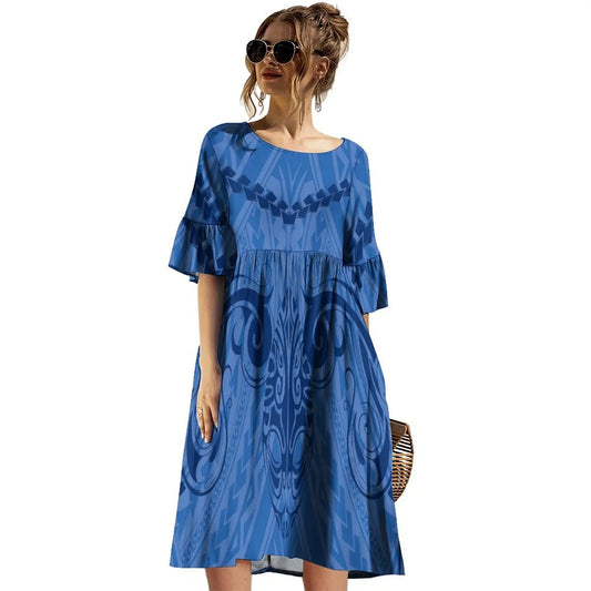 Fashion Clothing Summer High Quality Women'S Short Sleeve Puffy Dress Party V-Neck Dress Polynesian Island Design