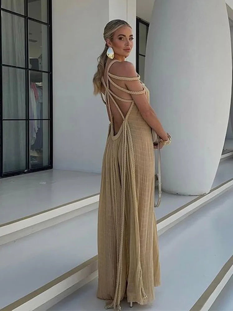 Off Shoulder Cut Out Backless Women's Dress Elegant Oversized Bandage Halter Sleeveless Dresses Female Beach Party Vacation Robe