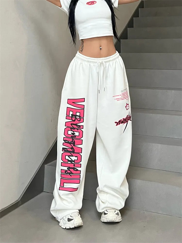 warmmeta Deeptown Korean Y2K White Sweatpants Women Streetwear Kpop Letter Print Sports Pants Oversized Hip Hop Wide Leg Jogging Trousers