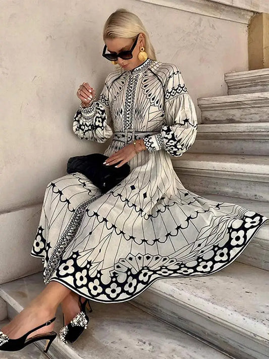 Women Elegant Ink Style Print Midi Dress With Belt Lantern Long Sleeve O-neck Dresses 2024 Chic Lady Casual Vacation Vestidos