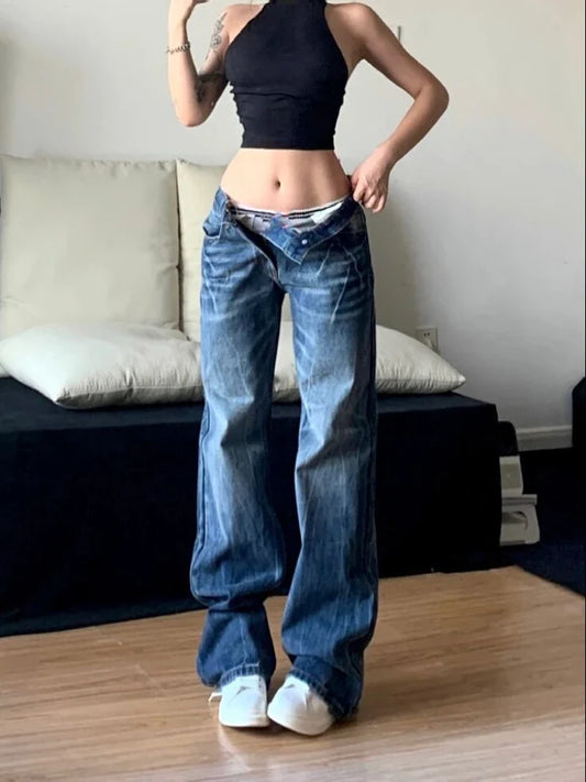 Women Korean Fashion Vintage Classical Chic Jeans Straight Leg Simple Jeans Grunge Harajuku Blue Denim Pants Y2k Tide Aesthetic