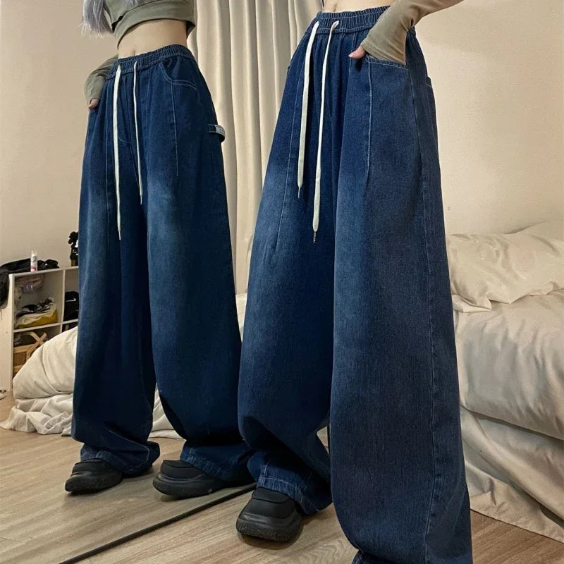 Vintage Baggy Jeans Wide Leg Pants Elastic Waist Oversized American Trouser Fashion Streetwear Straight Casual Pants Y2k Autumn