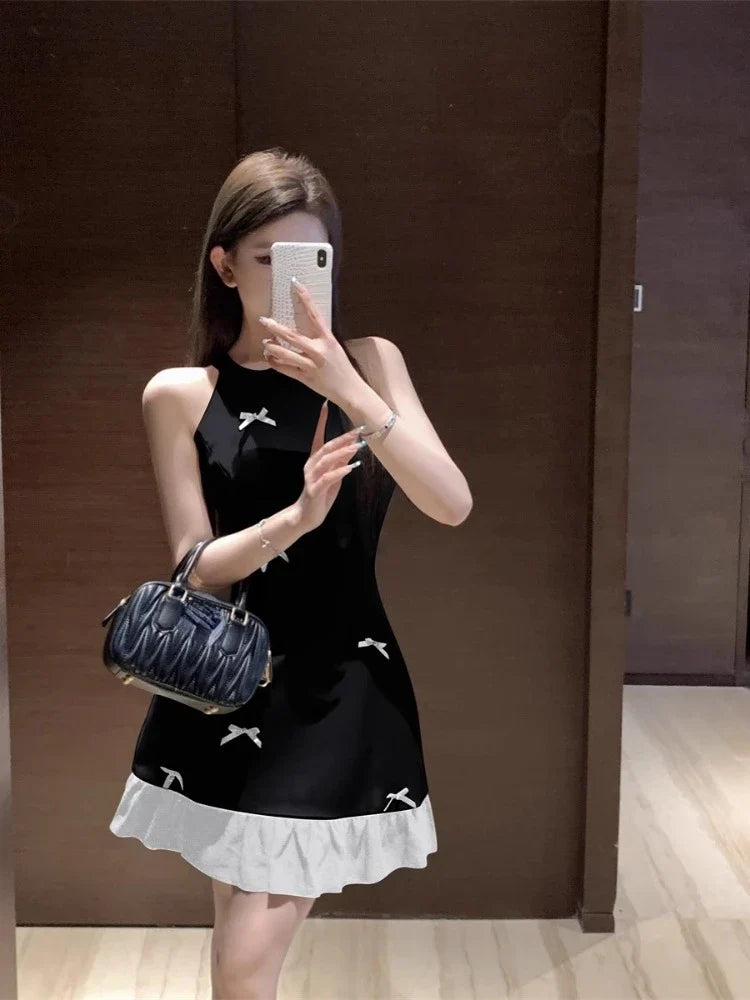 WARMMETA Vintage Dresses Women Bowknot Sleeveless Halter Ruffles Summer New Slim Elegant Mini Dress Party Chic Female Sweet