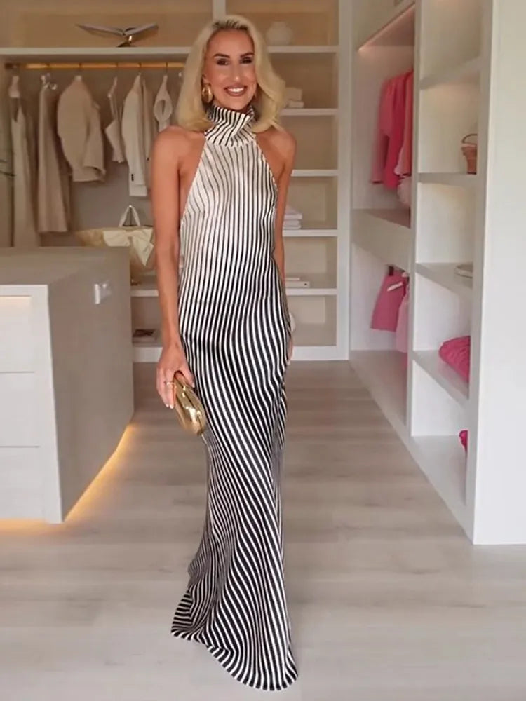 Women Chic Vertical Striped Gradient Halter Maxi Dress Sexy Off Shoulder Backless Lace Up Robe Summer Lady Elegant Evening Gown