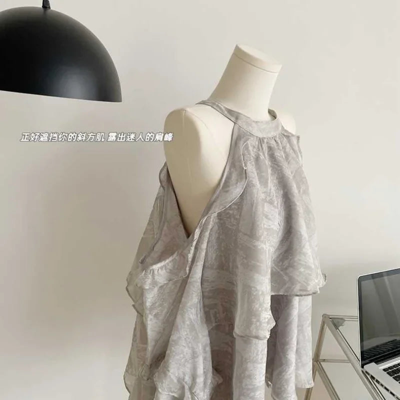 New Halter Off Shoulder Print Blouse Long Sleeve Ruffled Lazy Chiffon Ladies Tops Korean Gentle Loose Beach Shirts