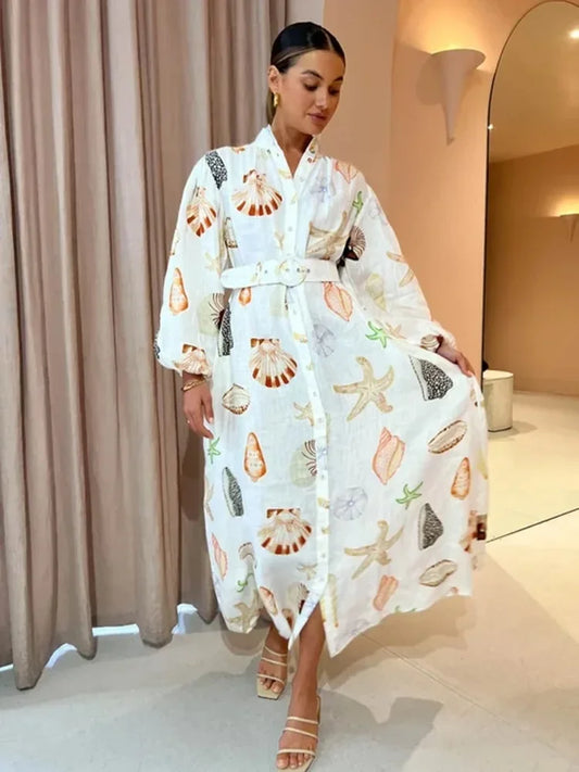 Beach Style Sea Shell Printed Dresses 2024 New Summer Long Casual Lantern Sleeve Cardigan and Stylish Women's Maxi Dress