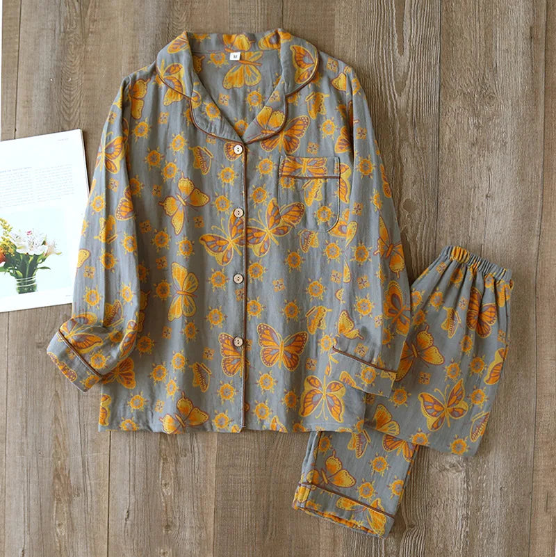 2023 Japanese Spring and Autumn New Women's Pajama Set 100% Cotton Vintage Long sleeved Pants Two Piece Set for Home Furnishings