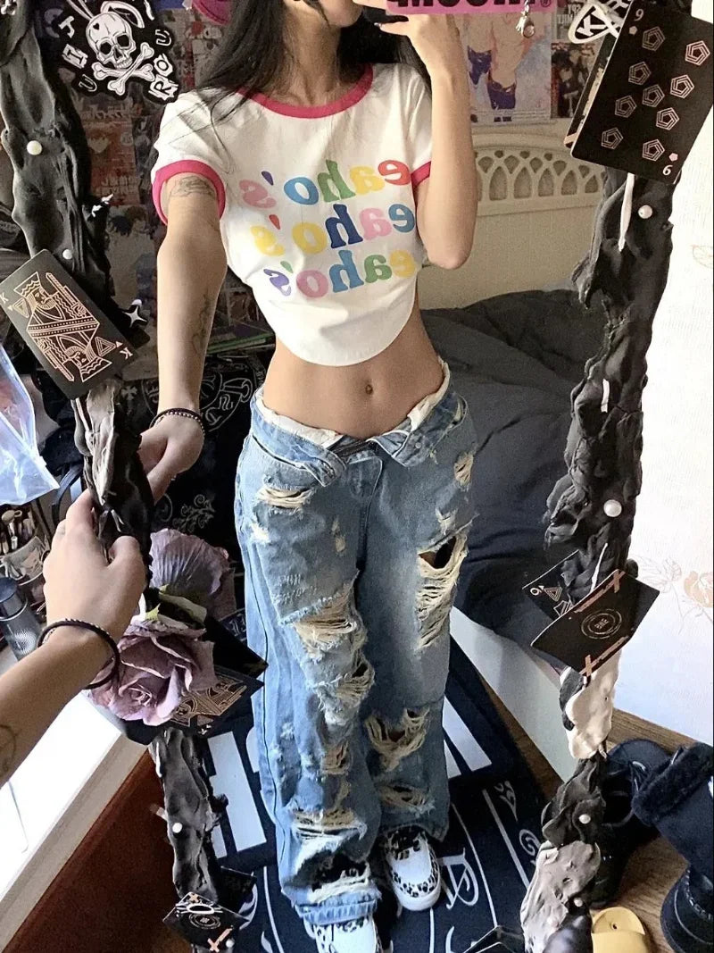 Retro Washed Ripped Blue Jeans for Women American Loose Straight Slim Personality Wide Legs Pants Mop The Floor Long Pants Tide