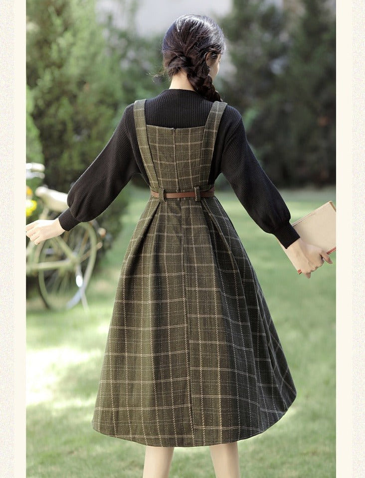 Forest Witch 2-Piece Dark Academia Wool Plaid Dress Set