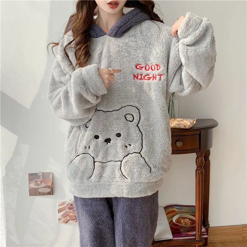 Flannel Pajamas Women Winter Loungewear Girls Sleepwear Suit Thick Cartoon Nighty Coral Velvet Kawaii Famale Home Clothes Sets