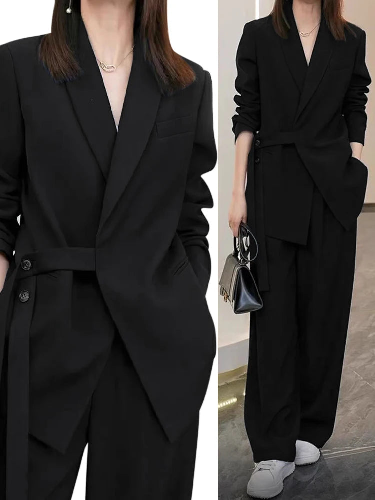 Office Lady Blazer Belt Pant Suits Women's Pantsuit Korean Version Notched Baggy Pants Autumn Elegant Euality Chic Women Outfit