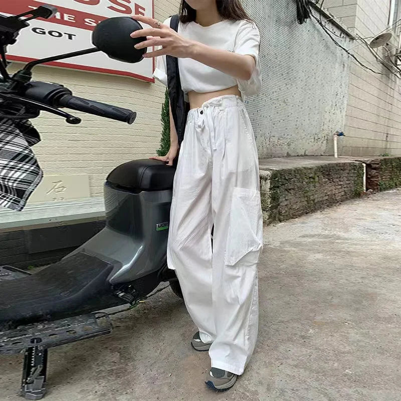 Street Fashion Pocket Cargo Pants Women Loose High Waist Thin Sweatpants All-match Korean Style Lazy And Handsome Trousers