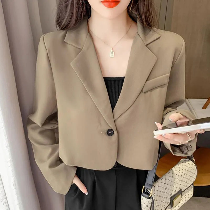 Lucyever Korean Cropped Blazers Women Solid Color Simple Single-button Outwear Teens All-match Long Sleeve Office Suit Jacket