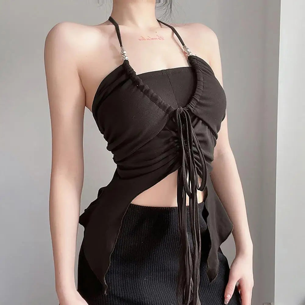 Summer Sexy Babes Tank Top Drawstring Shirring Backless Irregular Hem Crop Top Solid Color Halter Sling Club Vest Female Clothe