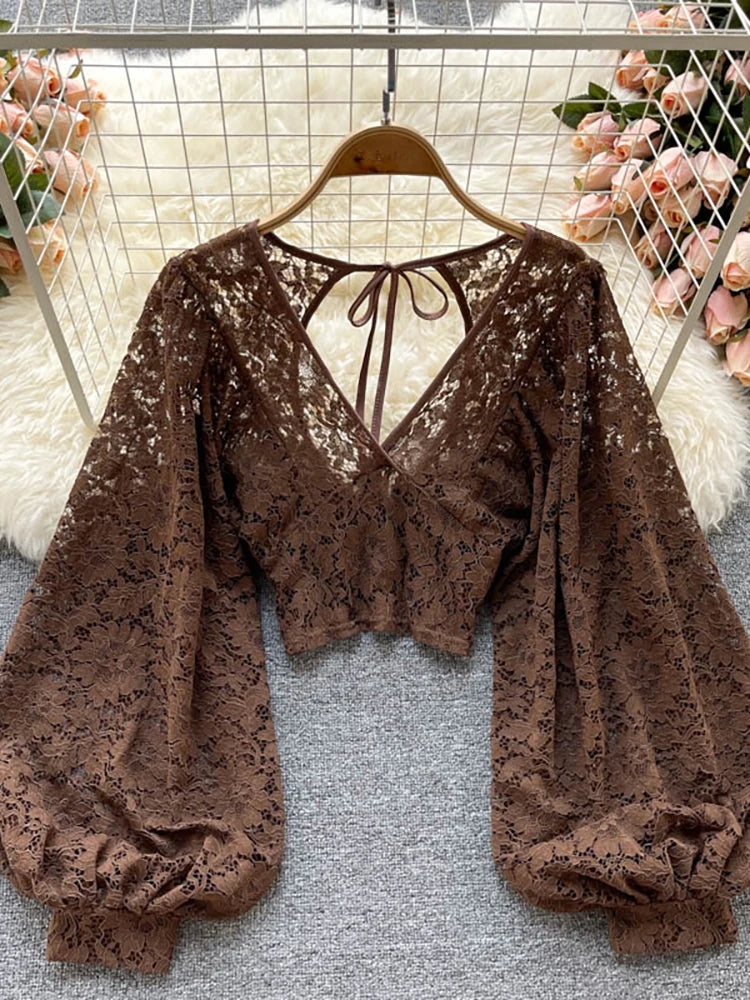 warmmeta Autumn Black/White/Brown Sexy Lace Blouse Women Elegant V-Neck Puff Long Sleeve Open Back Short Tops Female Party Blusas