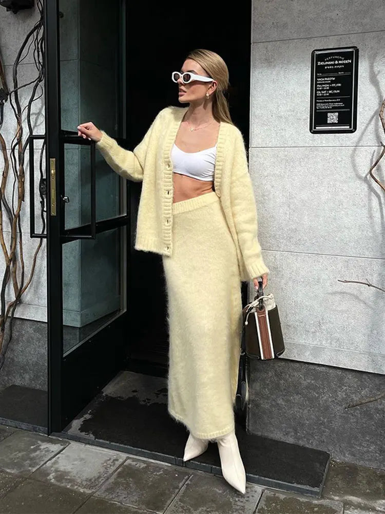 Women Solid Knitted Cardigan Skirt 2 Pcs Set Single Breasted Long Sleeve Top And Loose Skirt Suit Autumn Fashion Lady Outfits