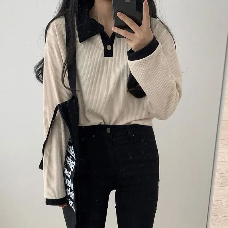 Casual Women Sweatshirts Hoodies T-shirts Korean Fashion Preppy Tops Female Autumn Long Sleeve Polo Collar Basic Pullovers Tees