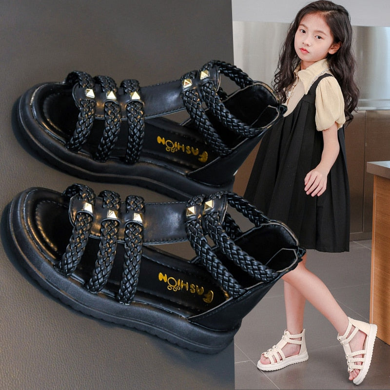 Girls Roman Sandals Open Toe Braided Solid Color High-top Simple Rivets New Summer Hollow Flat Casual Shoes Kids Fashion Casual