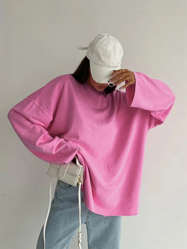 Pink Tee Shirts Streetwear 2023 Round Neck Long Sleeve Casual Pullover Tops Women Autumn Thin T-Shirts Lady