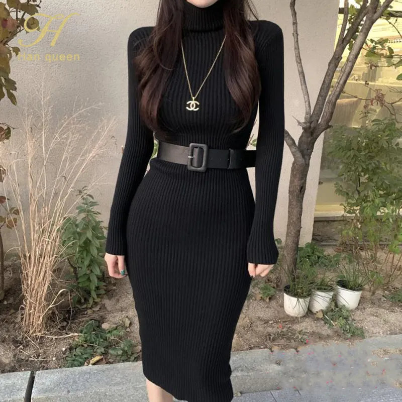 warmmeta Knitted Bodycon Dress Bottoming Women Soft Elastic Turtleneck Sweater Autumn Winter Midi Party Dresses With Belt