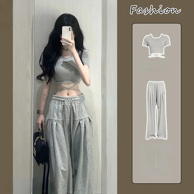 2 Piece Pant Sets 2024 Summer Casual Y2k Crop Top + Loose Trousers Sport Wear Korean Fashion Suits Chic Outwear T Shirts Blouse