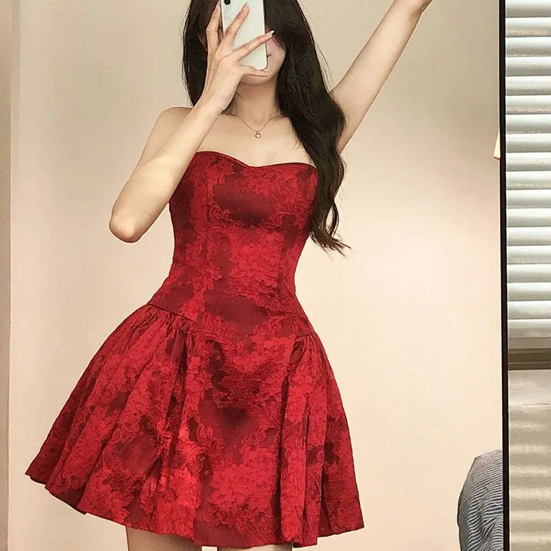 WARMMETA Hot Girl Red Strapless Printed Dress for Women's Summer Slim Fit Sexy Floral A-line Short Dress Fashion Female Clothes