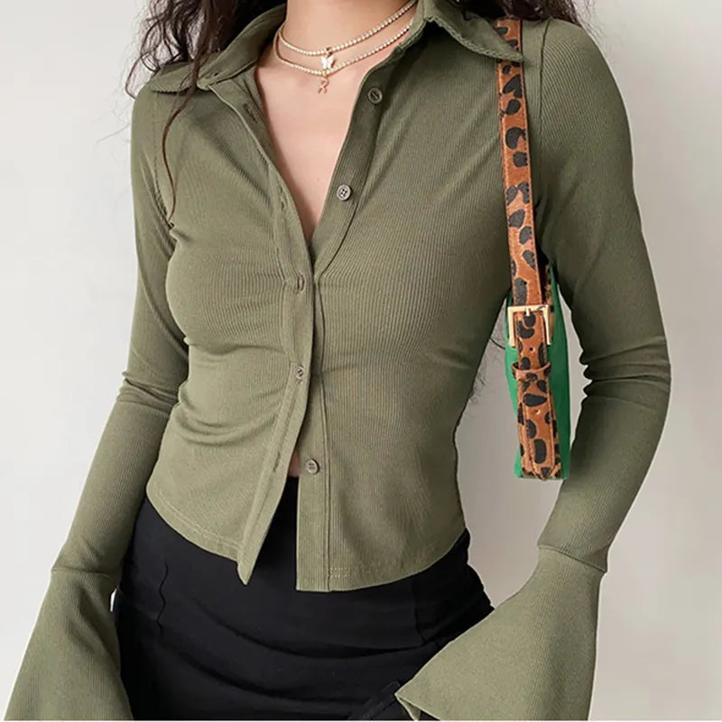 Blouses polo Multicolor Versatile Polo Collar Flare Sleeve Solid shirt Five-color women's slim long-sleeve Casual Streetwear top