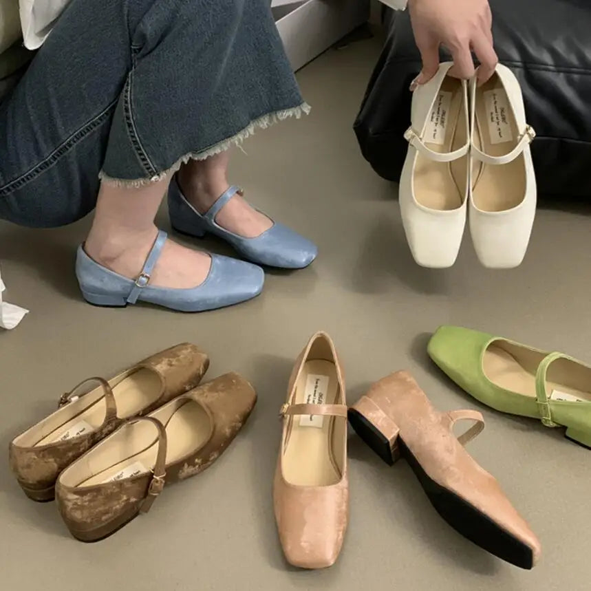 PICSGIRL -  2024 New French Low Heel Women Flats Fashion Square Toe Shallow Mary Jane Shoes Soft Casual Ballet Shoes Slingback Shoes Mujer