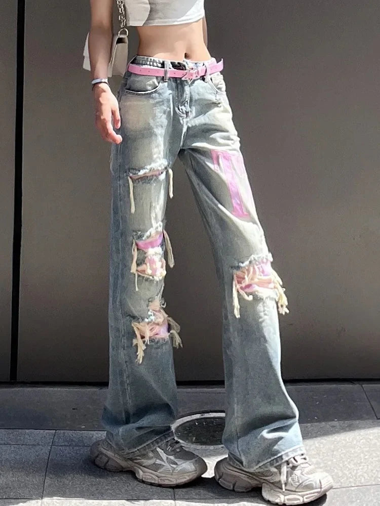 Vintage Blue Ripped Baggy Jeans Women Denim Trousers 2000s High Waist Y2k Streetwear Female Punk Wide Leg Pants Female Clothes