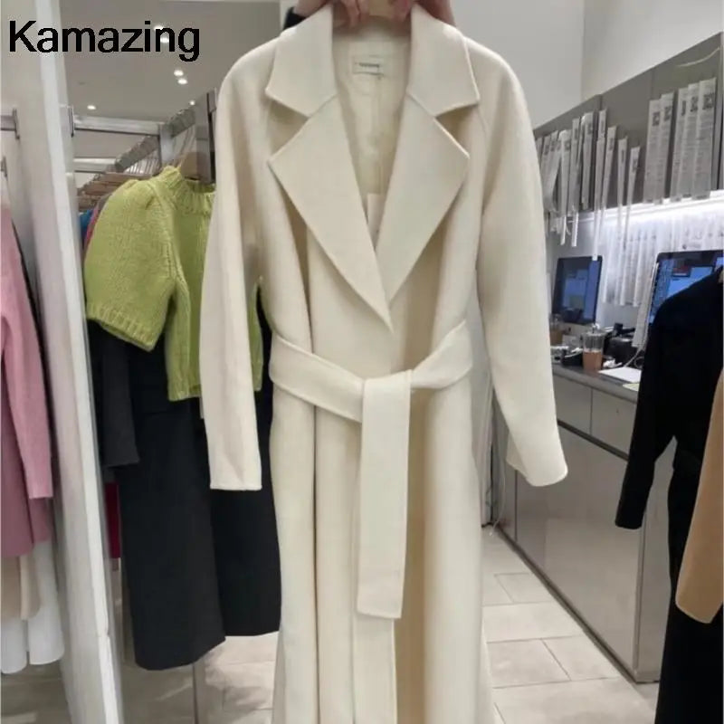 Women Elegant Long Woolen Coat with Belt Autumn Winter Fashion Solid Long Sleeve Chic Outerwear Ladies Casual Overcoat 2023