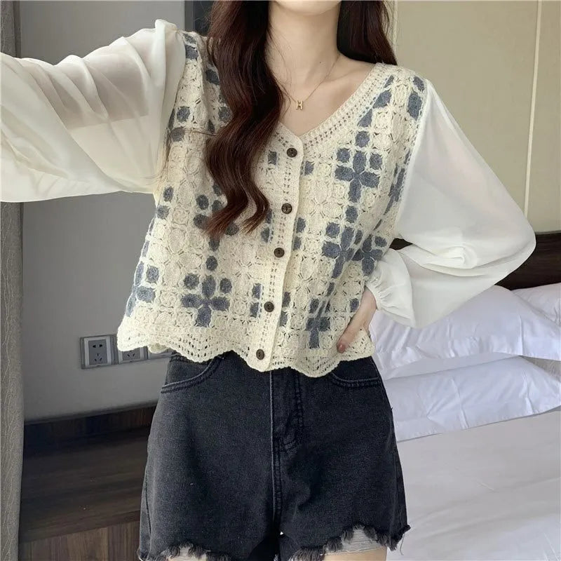 Vintage V-nevk Single Breasted Lace Embroidery Blouses For Women Elegant Thin Chiffon Shirt Tops Casual Loose Long Sleeve Blusas