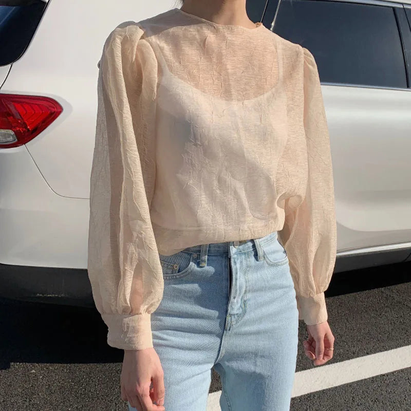 Spring Style Round Neck Wrinkled Mesh Slightly Transparent Loose Long Sleeved Bottom Shirt Blouse Women Thin Blusas Mujer Tops