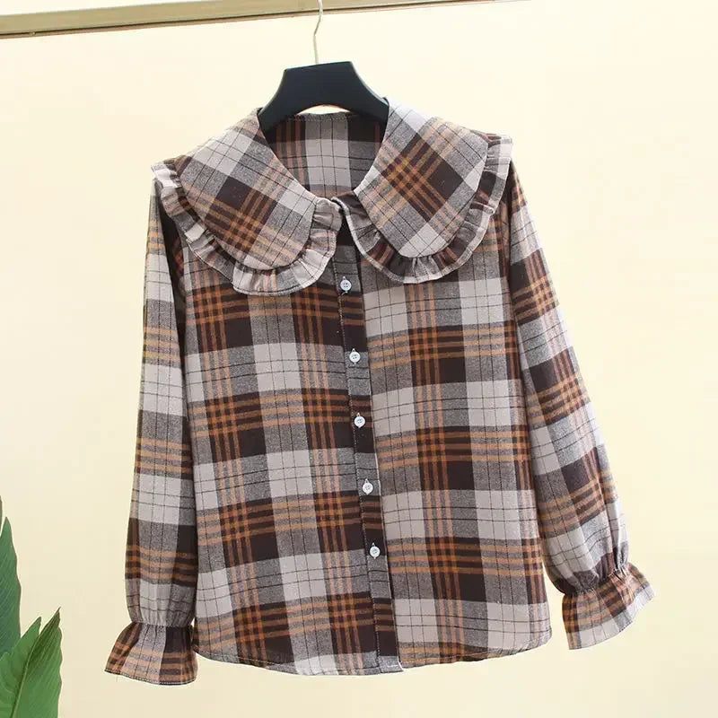 warmmeta-Women Blouse Spring Black  White Plaid Long Sleeve Loose-Fitting Shirt Coat Top Blusas Ropa De Mujer