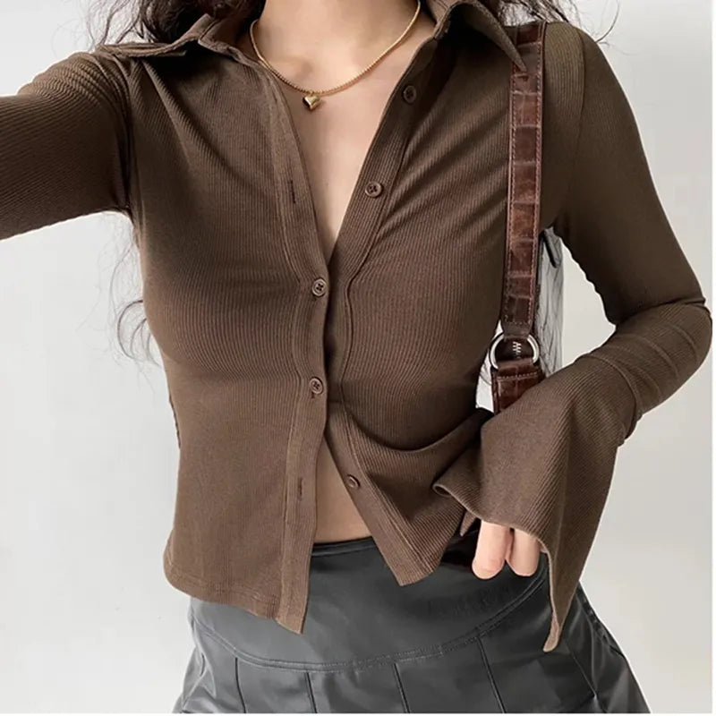 Blouses polo Multicolor Versatile Polo Collar Flare Sleeve Solid shirt Five-color women's slim long-sleeve Casual Streetwear top