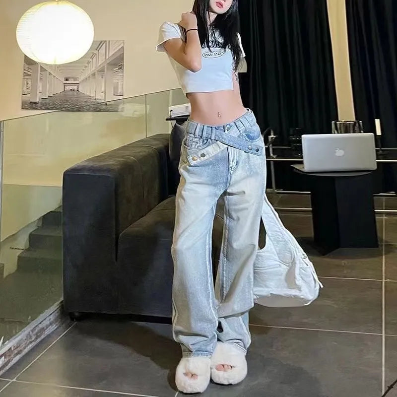 American Retro Fashion Y2k Streetwear Denim Jeans Belt Design High Waist Baggy Jeans Femme Straight Wide Leg Pants Women